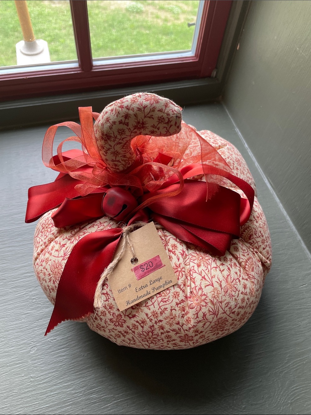 Handmade Rust Floral Fabric Pumpkin with Bow Jumbo